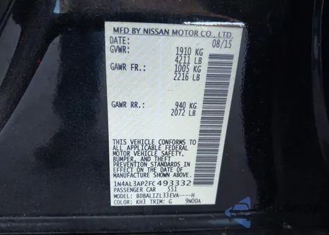 2015 Nissan Altima 2.5 Sv z USA, uszkodzony, nr VIN 1N4AL3AP2FC493332